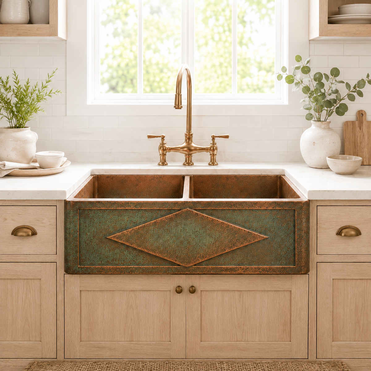 Embossed Diamond Verdigris Copper Double Bowl Sink