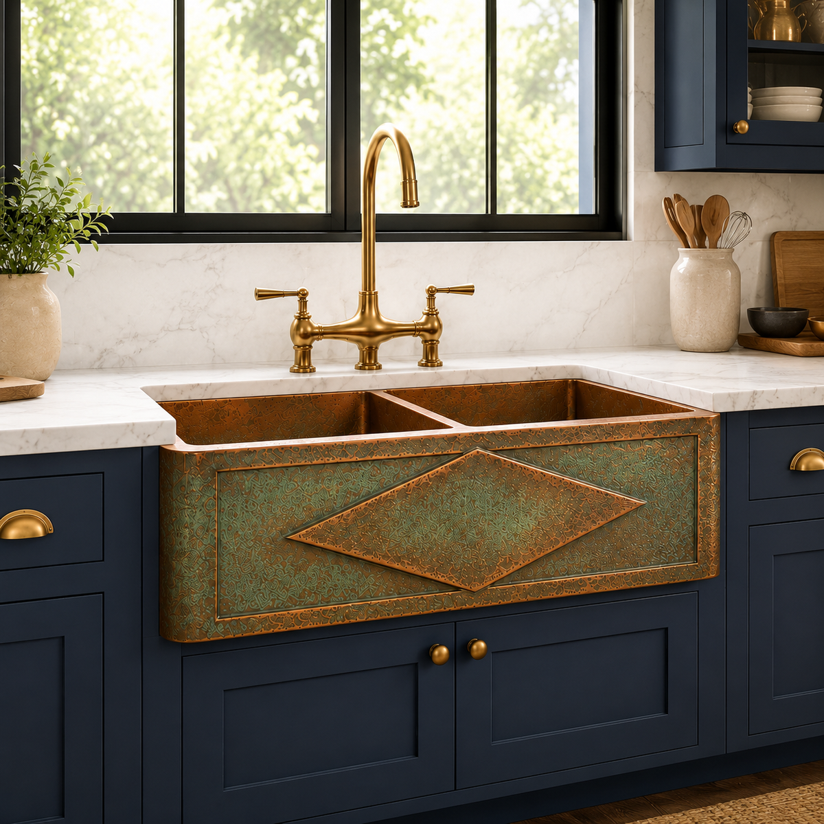 Embossed Diamond Verdigris Copper Double Bowl Sink