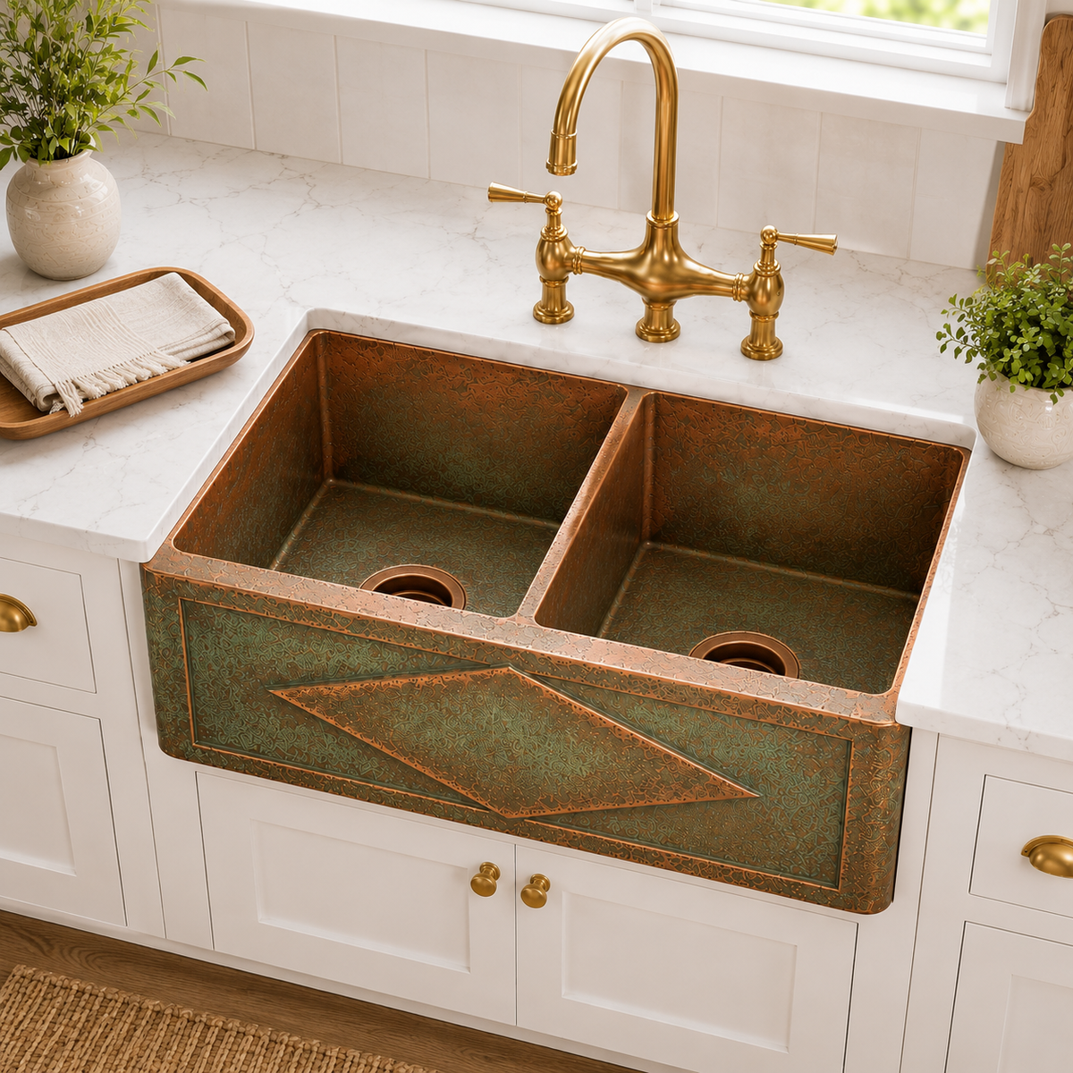 Embossed Diamond Verdigris Copper Double Bowl Sink