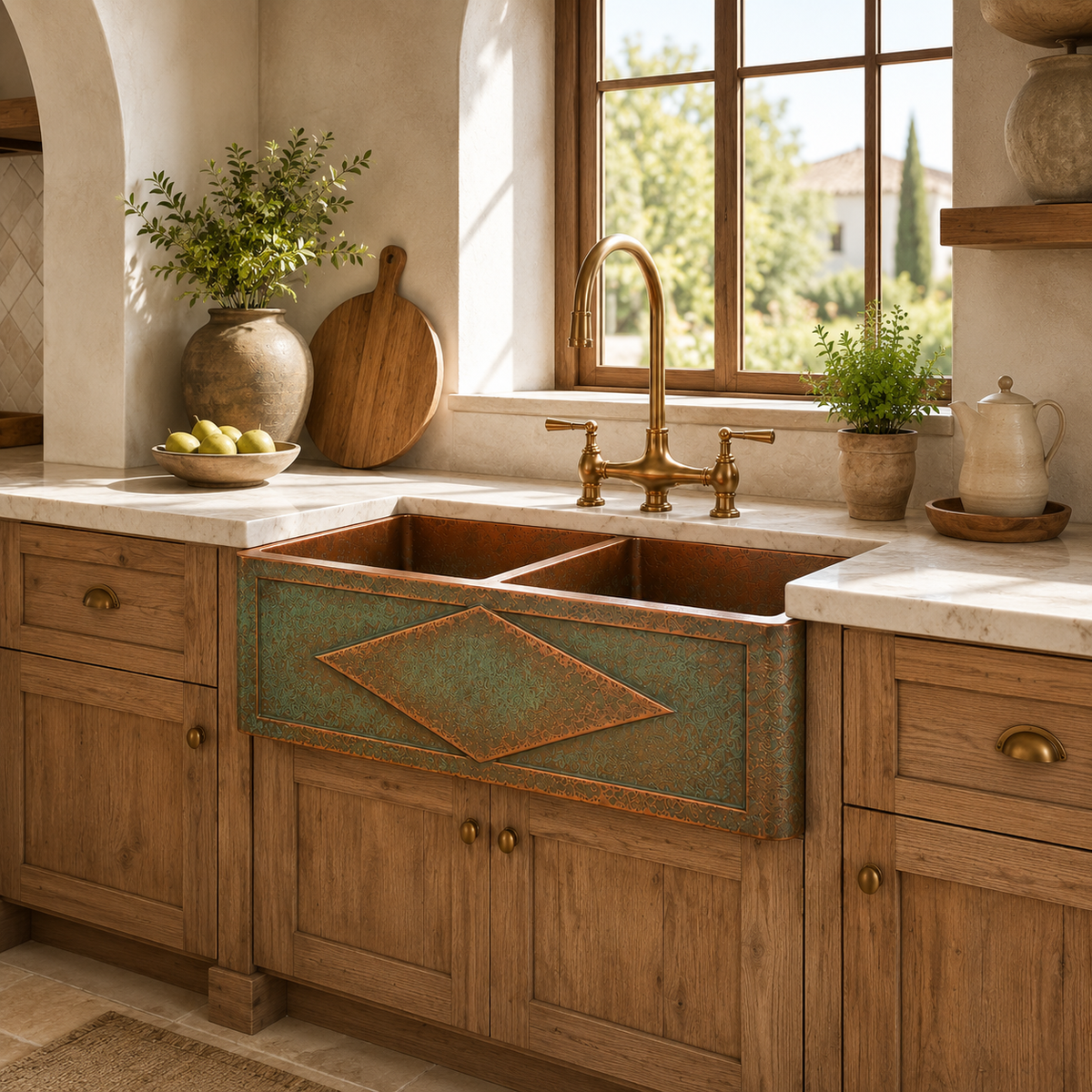 Embossed Diamond Verdigris Copper Double Bowl Sink