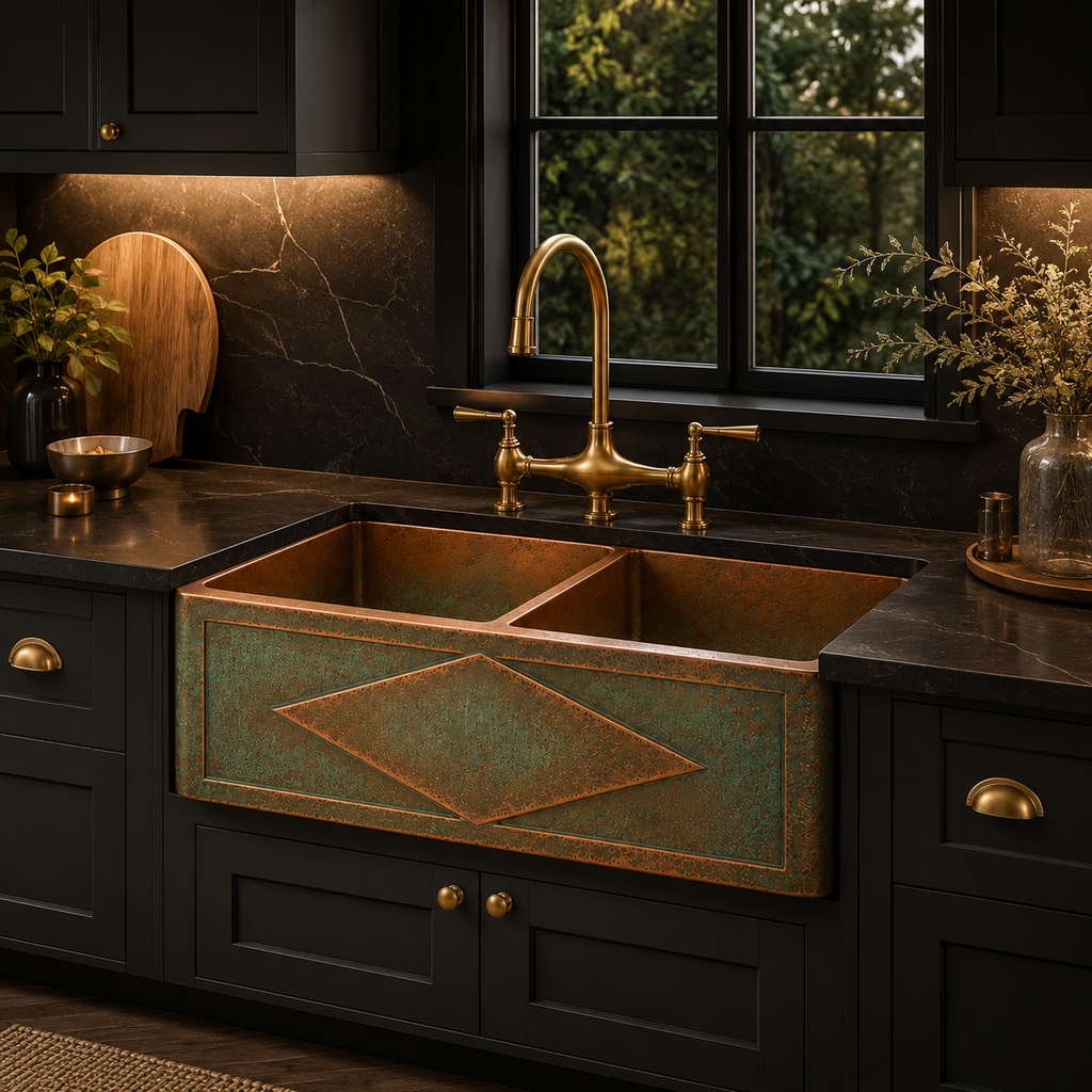 Embossed Diamond Verdigris Copper Double Bowl Sink