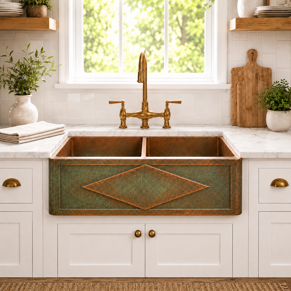 Embossed Diamond Verdigris Copper Double Bowl Sink