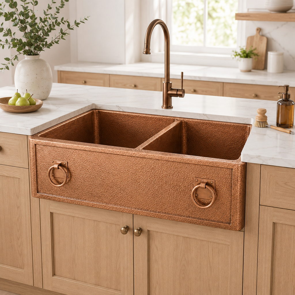 Hammered Copper Double Bowl Sink with Ring Pulls