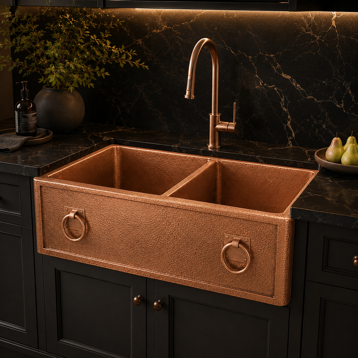 Hammered Copper Double Bowl Sink with Ring Pulls