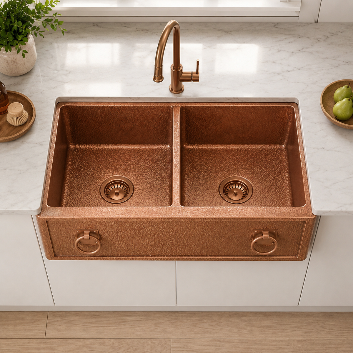 Hammered Copper Double Bowl Sink with Ring Pulls