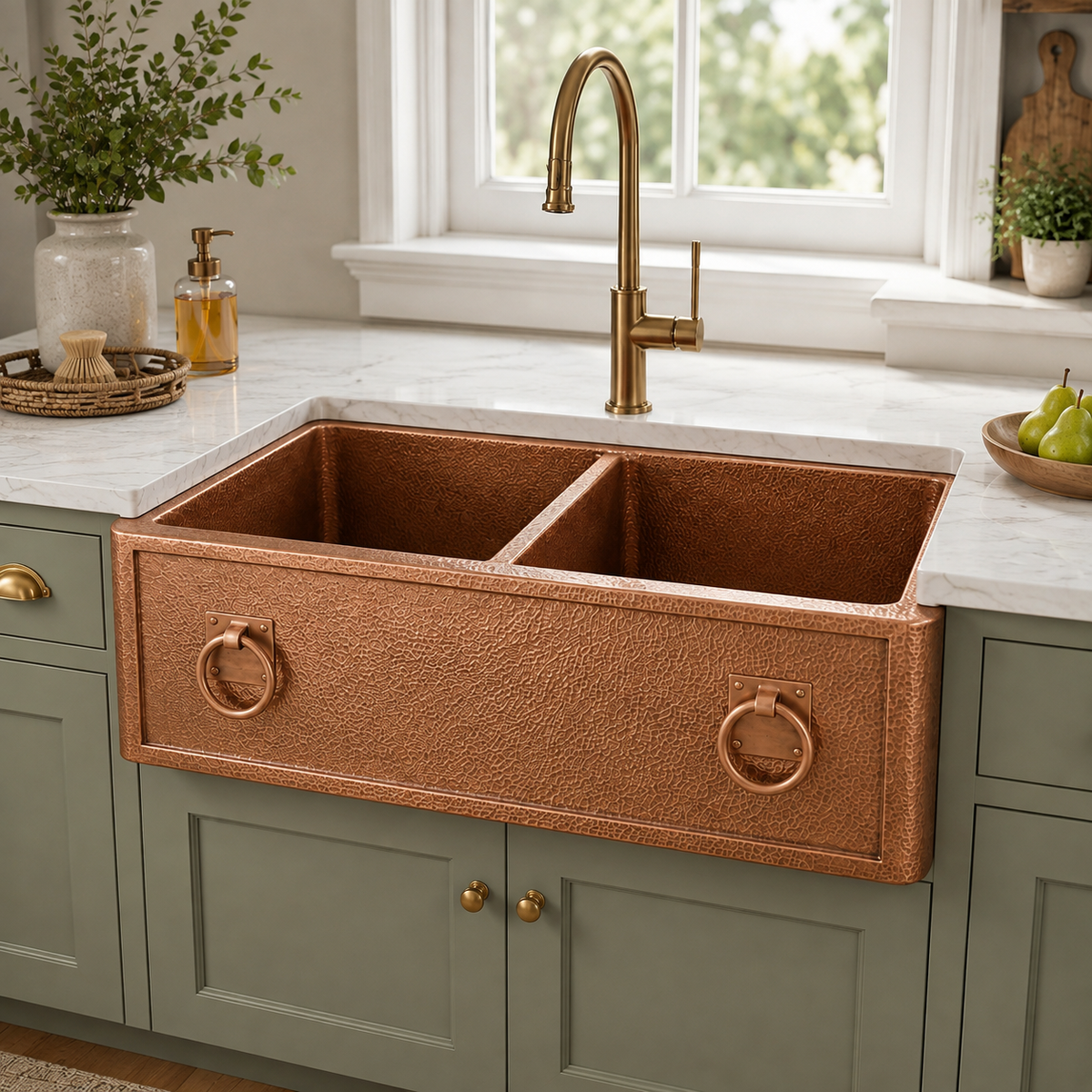 Hammered Copper Double Bowl Sink with Ring Pulls