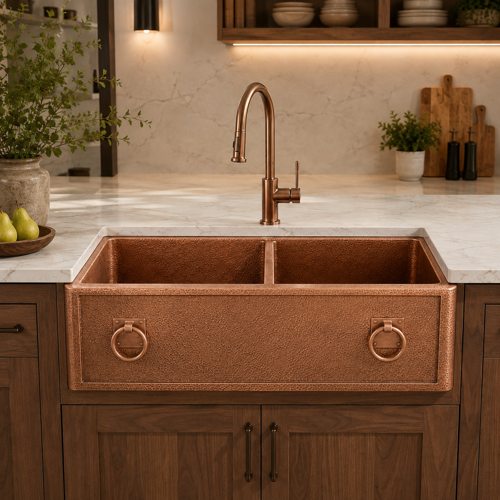 Hammered Copper Double Bowl Sink with Ring Pulls