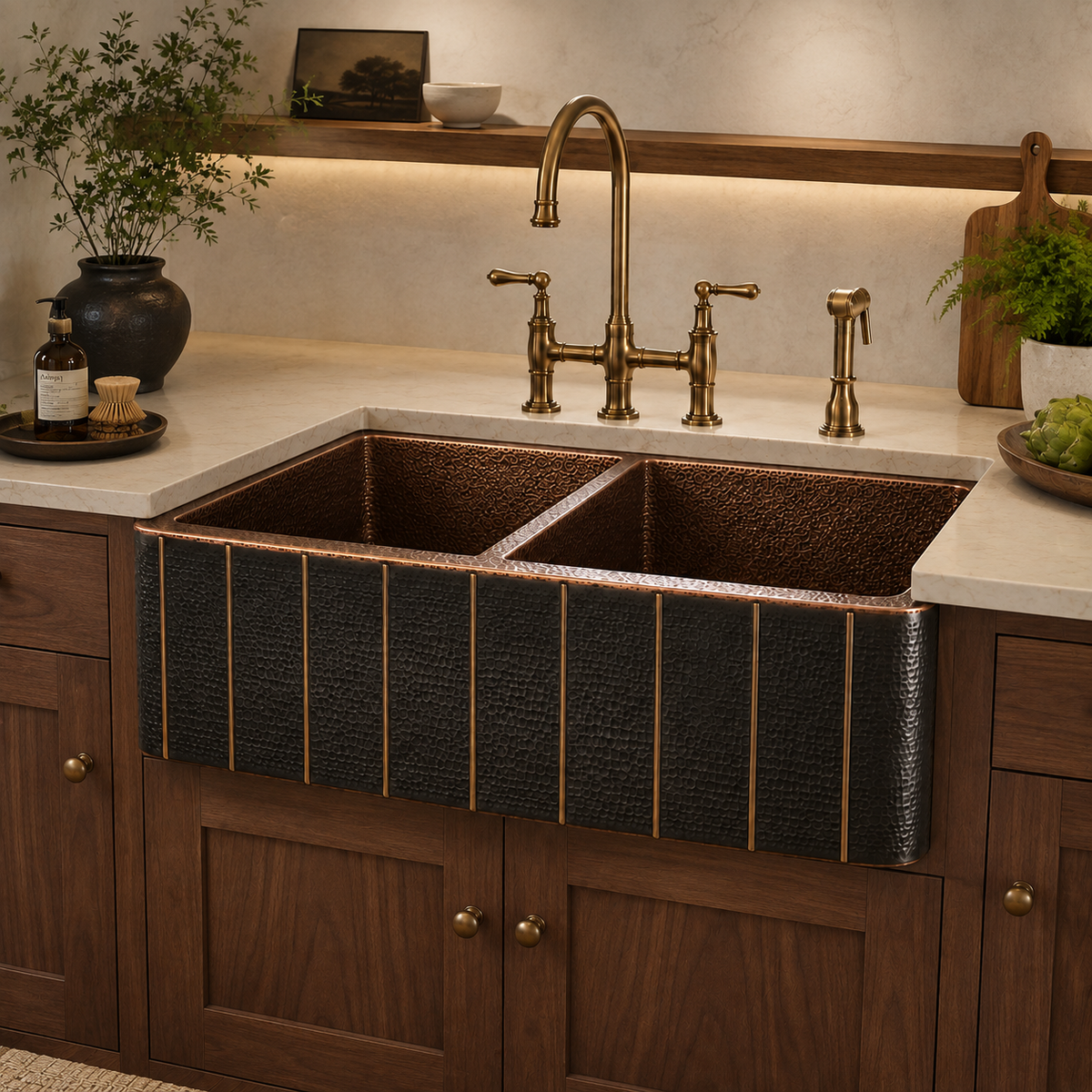 Dark Hammered Copper Double Bowl Sink with Vertical Brass Accents