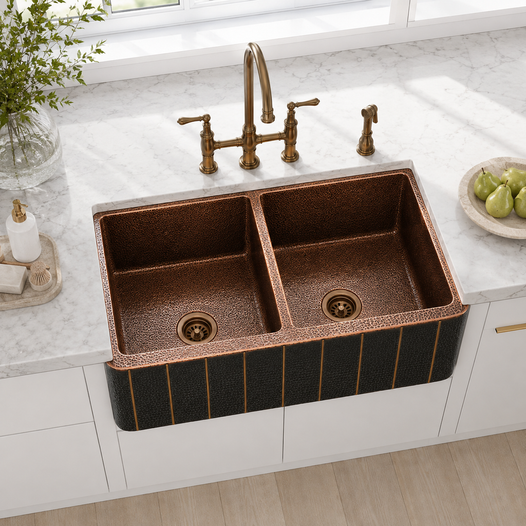 Dark Hammered Copper Double Bowl Sink with Vertical Brass Accents