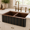 Dark Hammered Copper Double Bowl Sink with Vertical Brass Accents