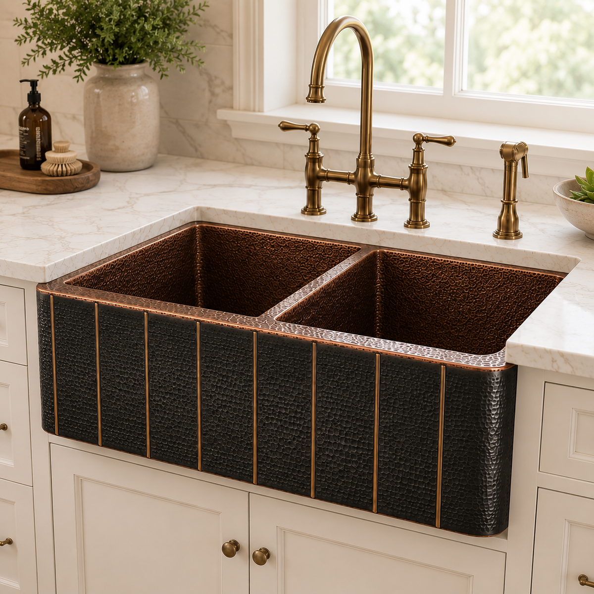 Dark Hammered Copper Double Bowl Sink with Vertical Brass Accents