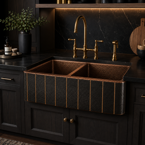 Dark Hammered Copper Double Bowl Sink with Vertical Brass Accents