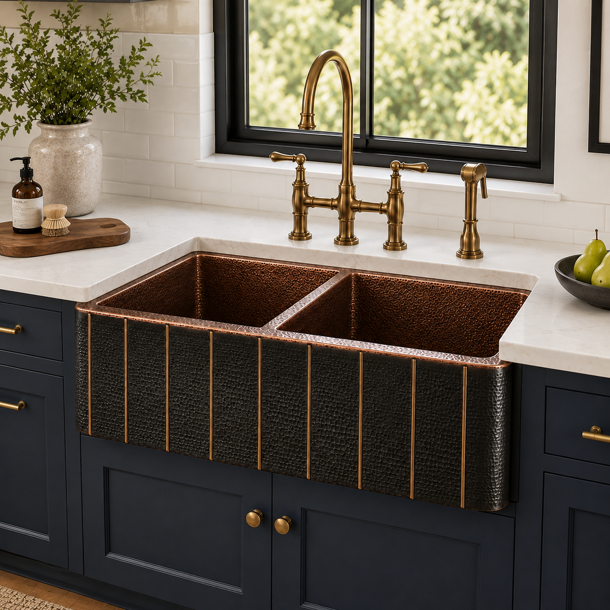 Dark Hammered Copper Double Bowl Sink with Vertical Brass Accents