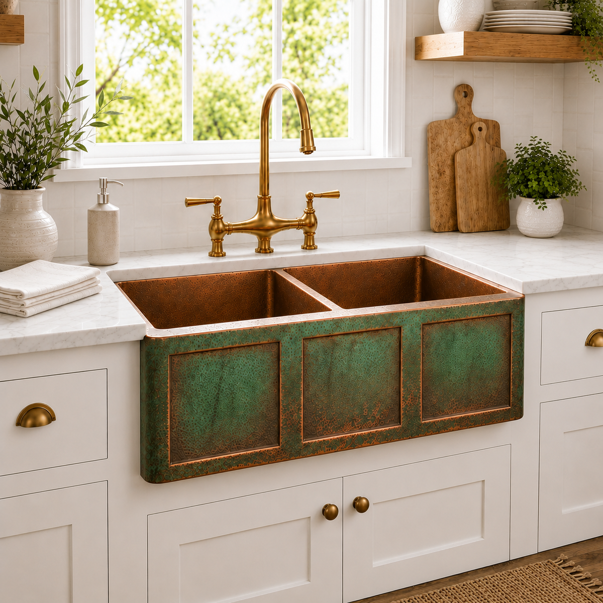 Three-Panel Verdigris Copper Double Bowl Sink
