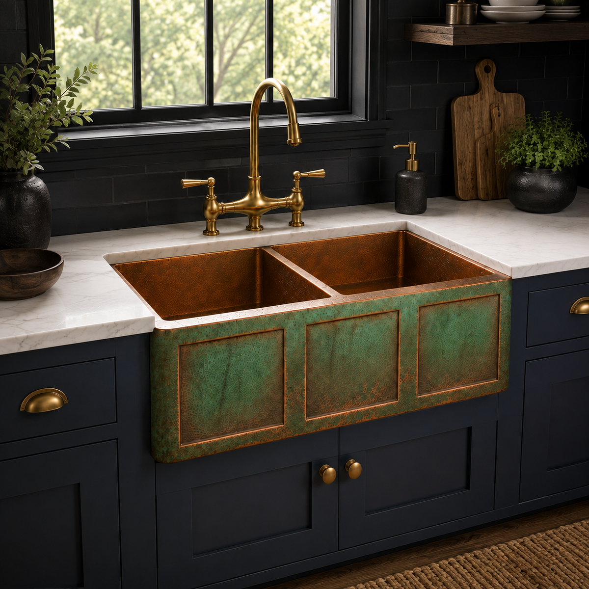Three-Panel Verdigris Copper Double Bowl Sink