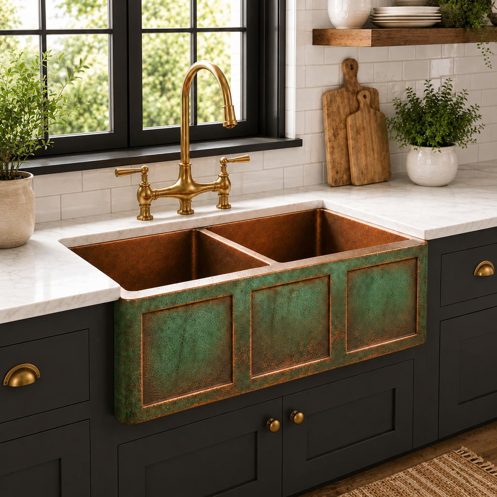 Three-Panel Verdigris Copper Double Bowl Sink