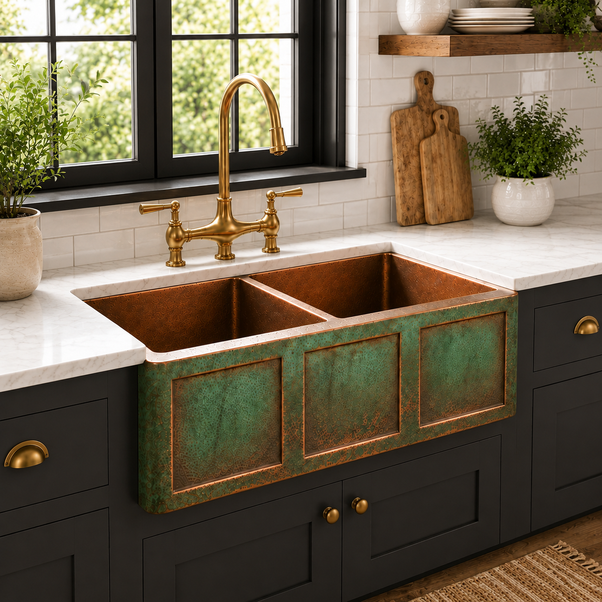 Three-Panel Verdigris Copper Double Bowl Sink