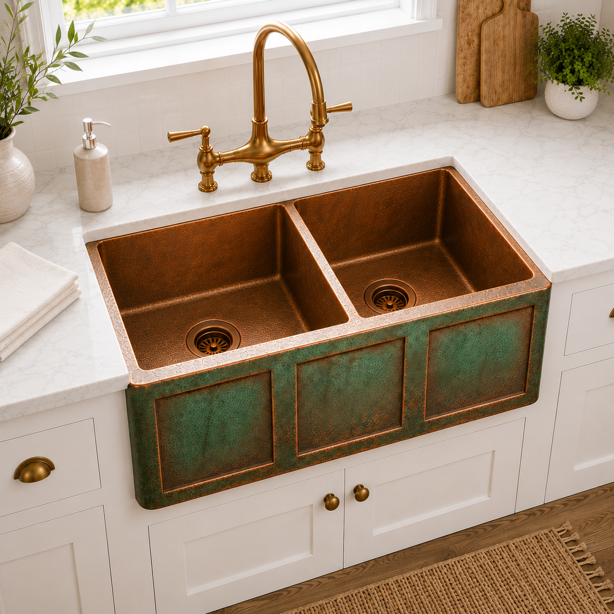 Three-Panel Verdigris Copper Double Bowl Sink