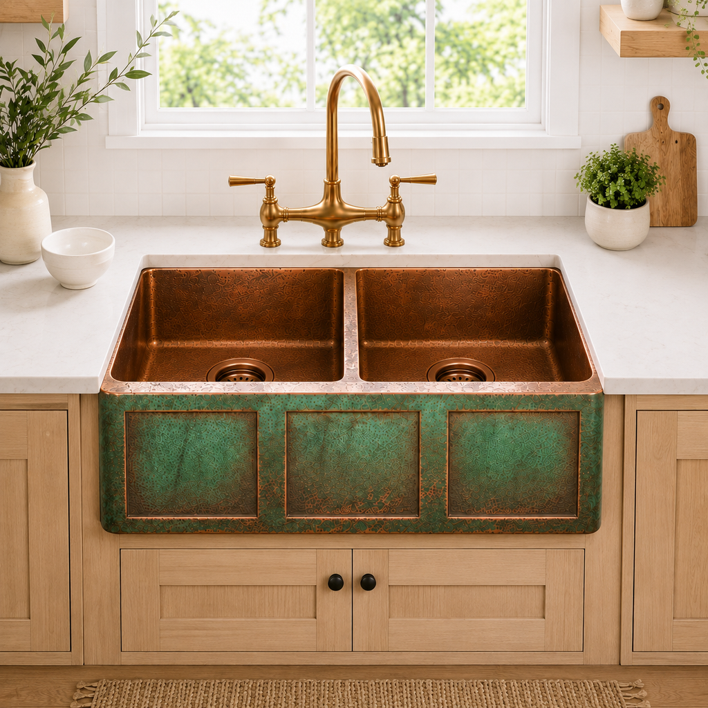 Three-Panel Verdigris Copper Double Bowl Sink
