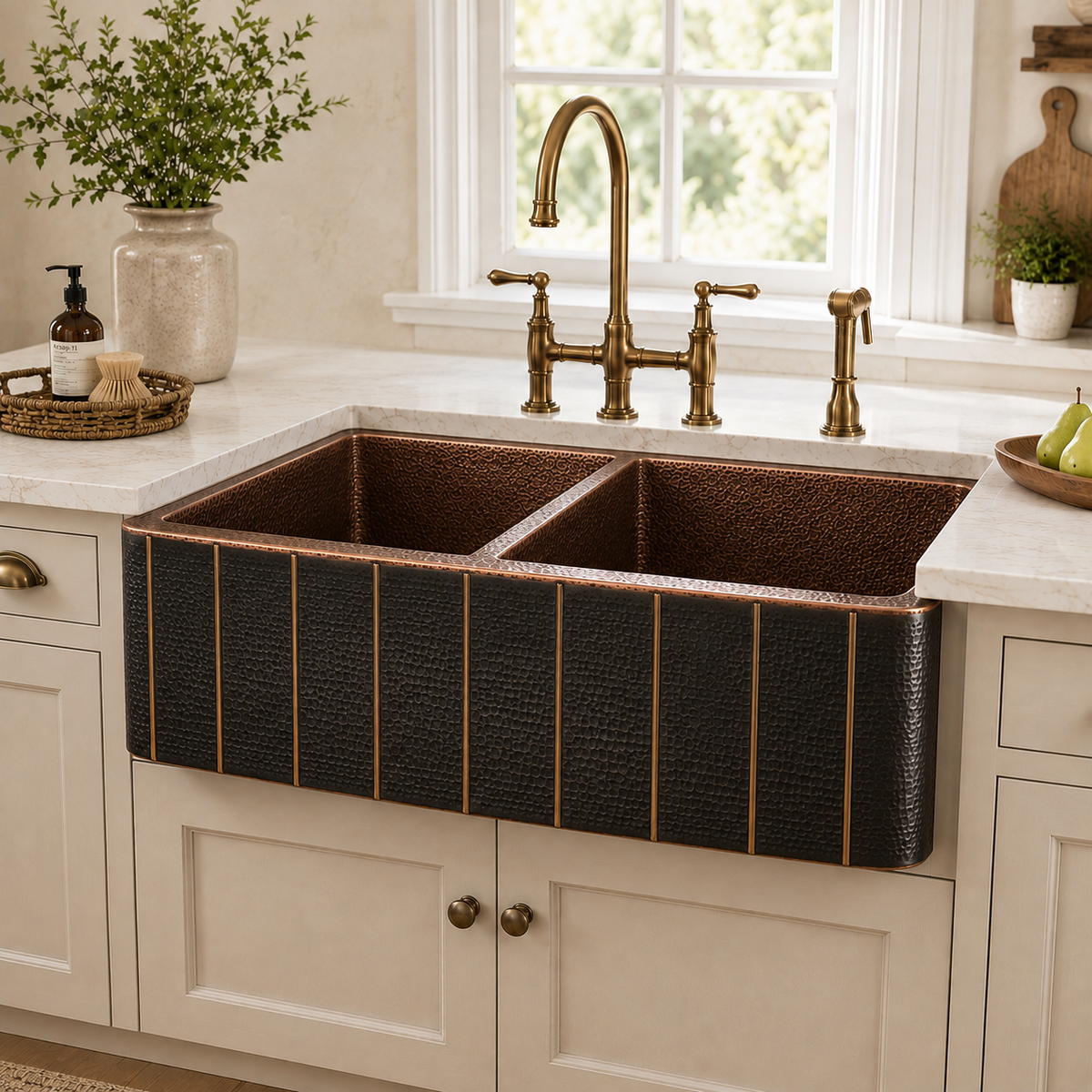 Hammered Copper Farmhouse Sink with Brass Accents