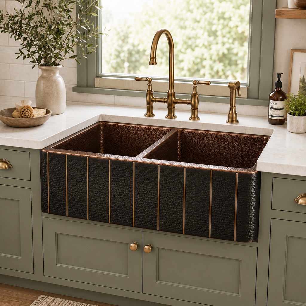 Hammered Copper Farmhouse Sink with Brass Accents