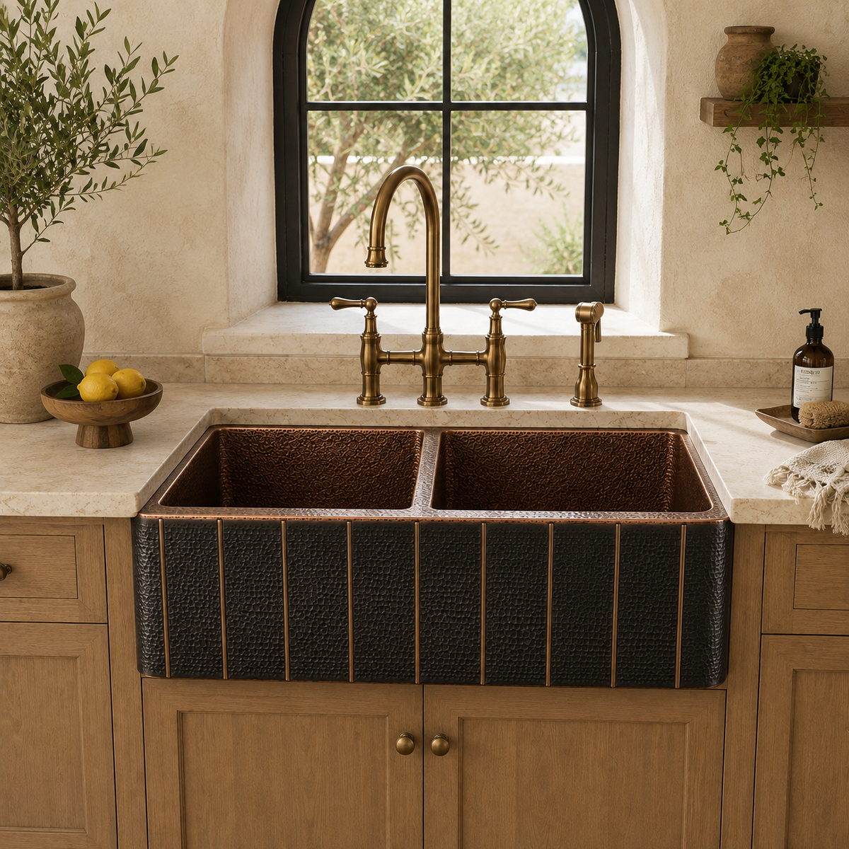 Hammered Copper Farmhouse Sink with Brass Accents