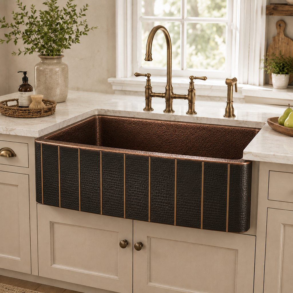 Hammered Copper Farmhouse Sink with Brass Accents