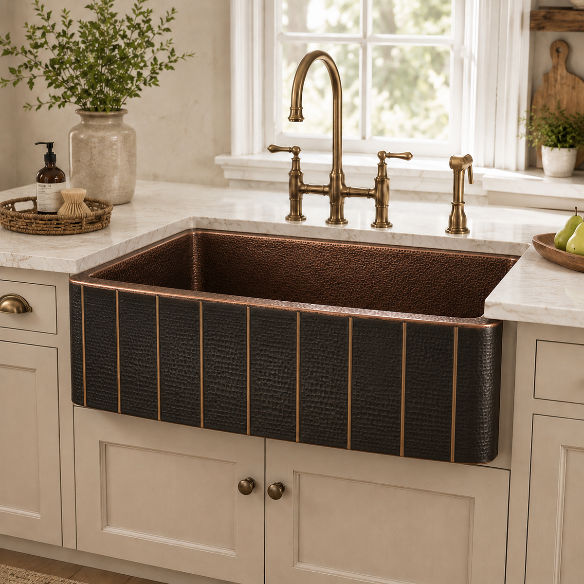 Hammered Copper Farmhouse Sink with Brass Accents