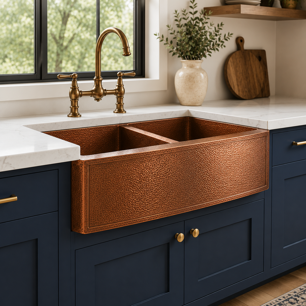 Double Bowl Hammered Copper Farmhouse Sink