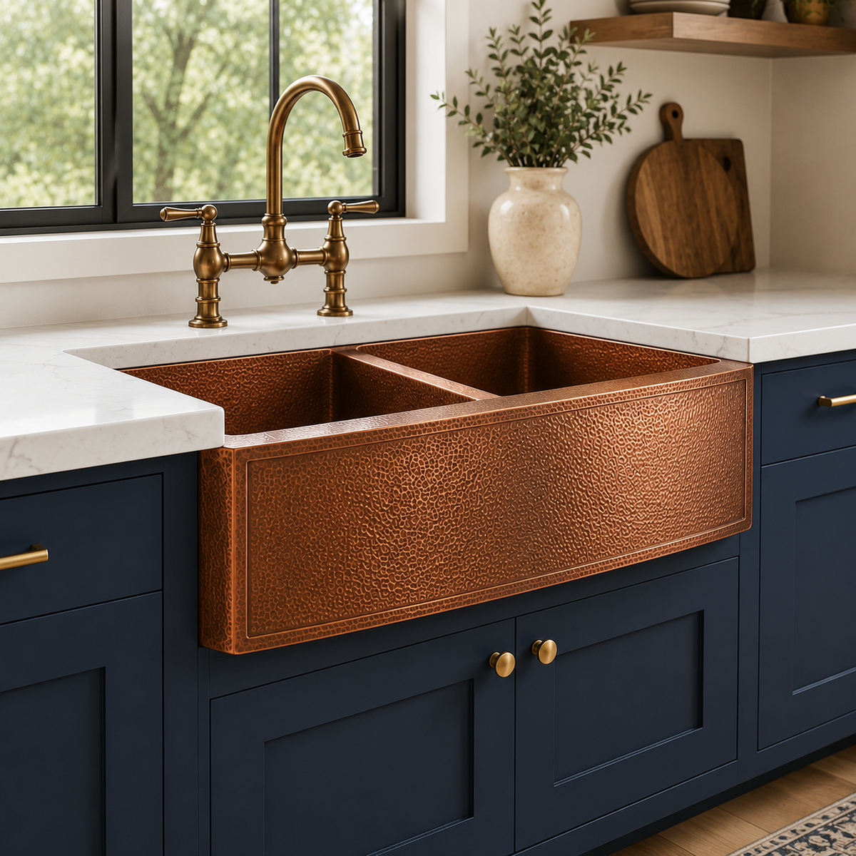 Double Bowl Hammered Copper Farmhouse Sink