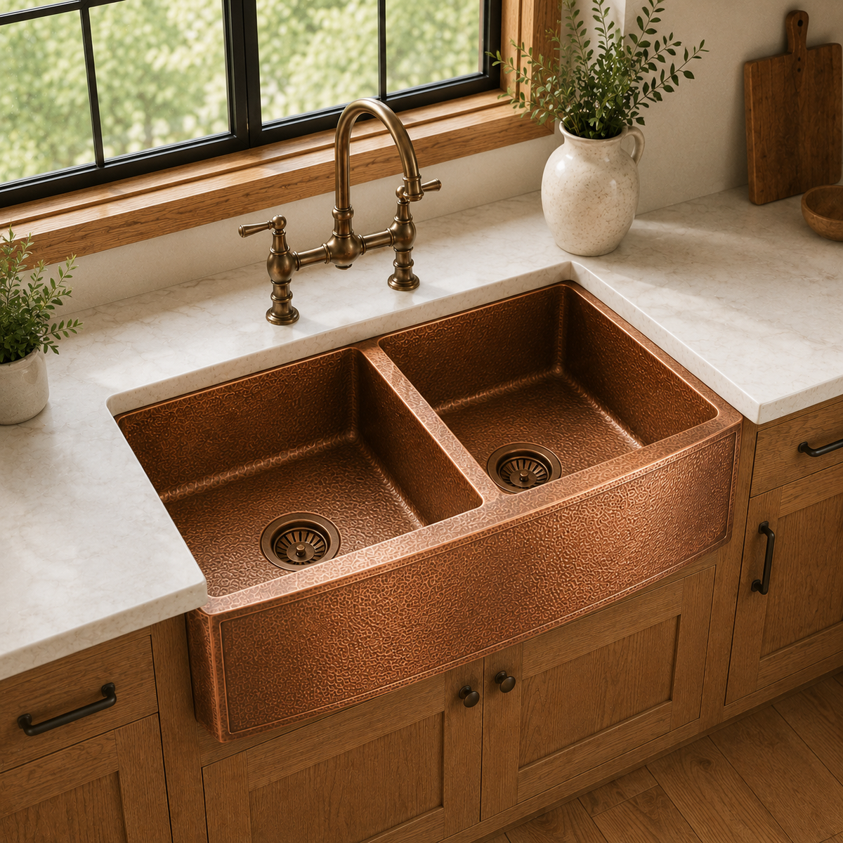 Double Bowl Hammered Copper Farmhouse Sink