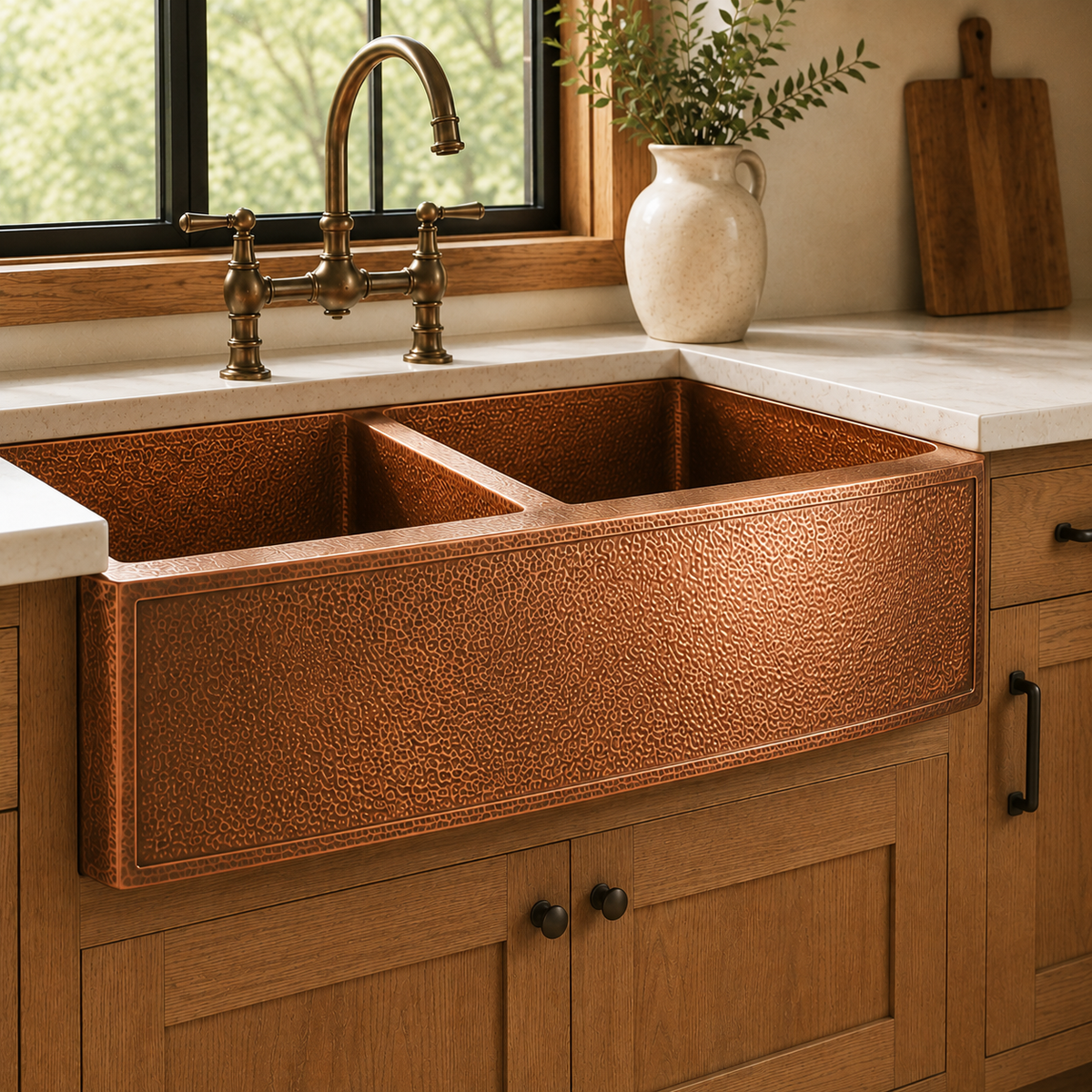 Double Bowl Hammered Copper Farmhouse Sink