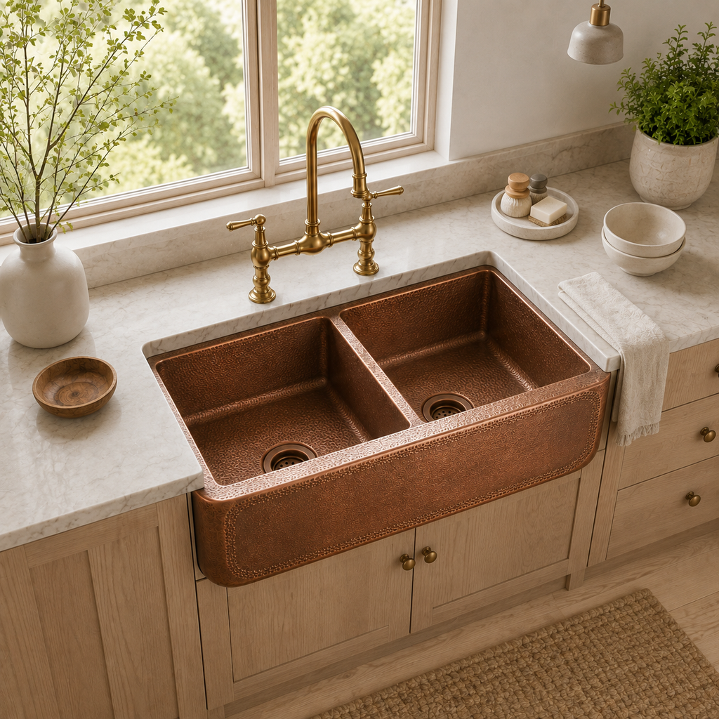 Double Bowl Hammered Copper Farmhouse Sink