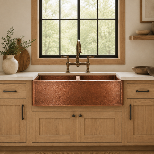 Double Bowl Hammered Copper Farmhouse Sink