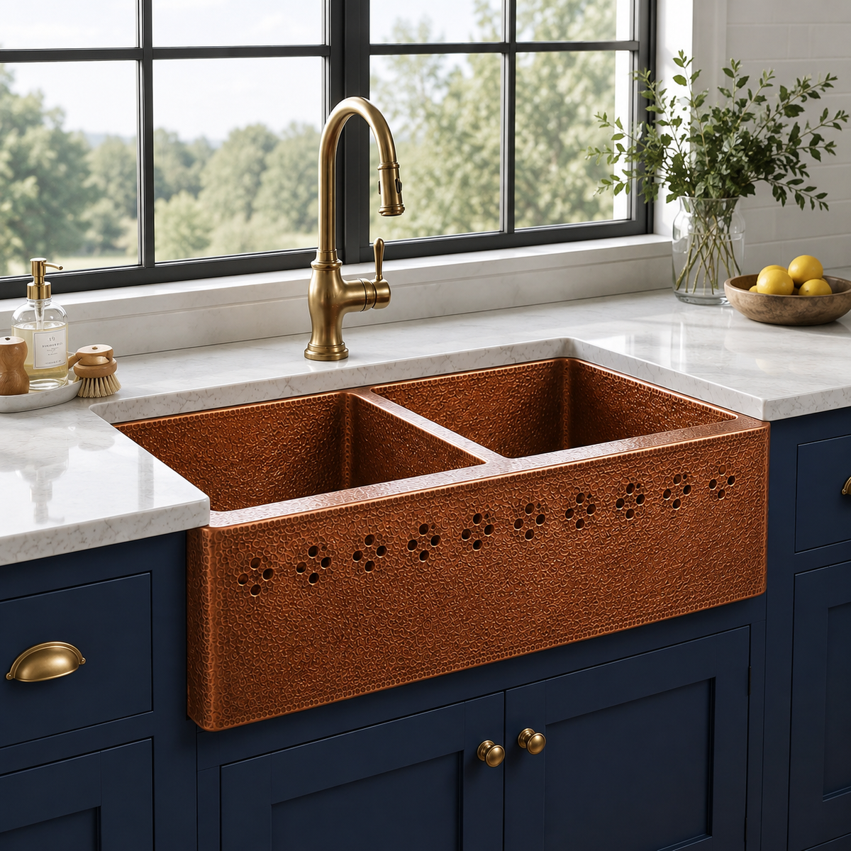 Double Bowl Copper Sink with Floral Cutouts