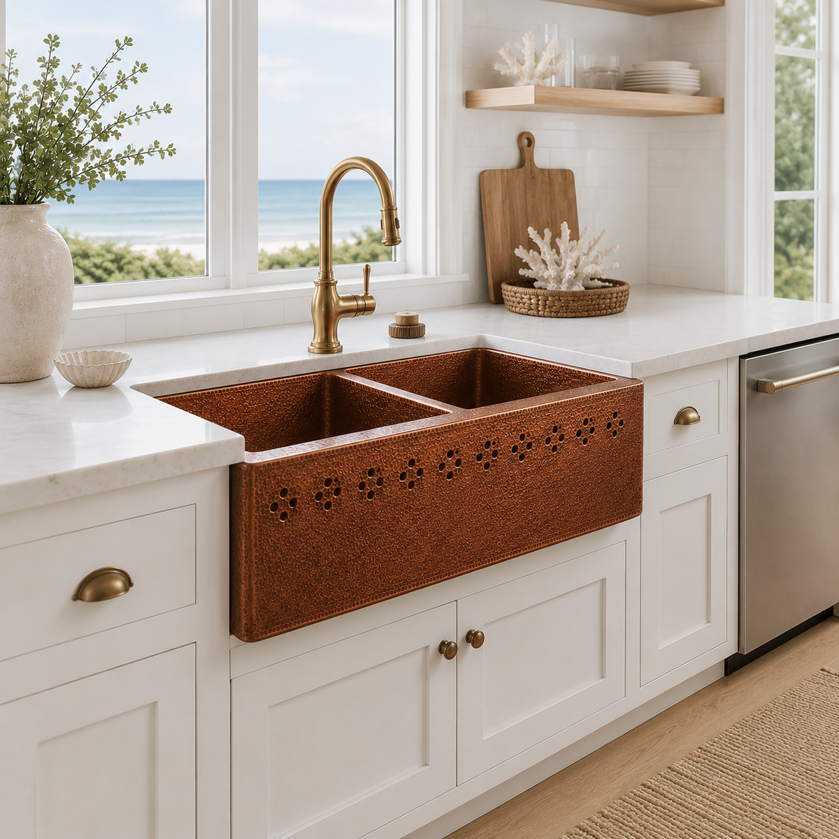 Double Bowl Copper Sink with Floral Cutouts