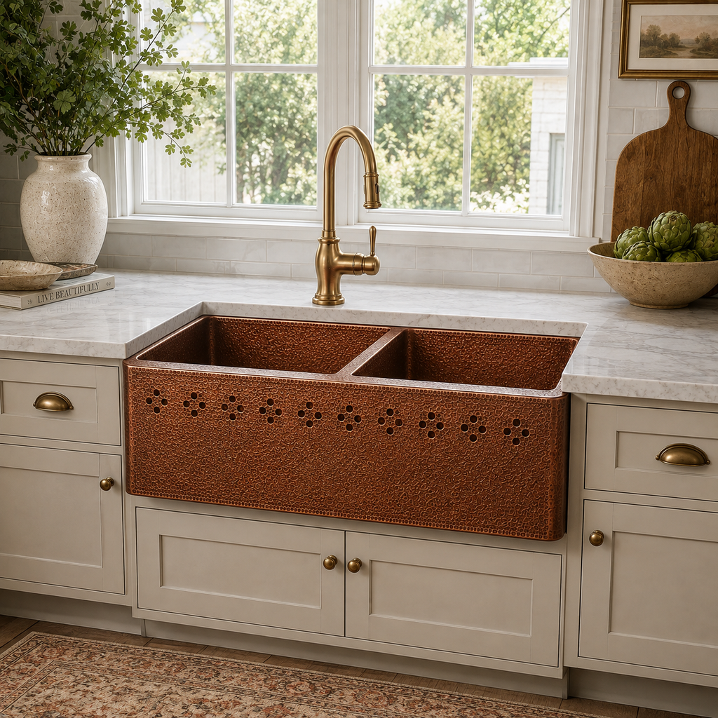 Double Bowl Copper Sink with Floral Cutouts