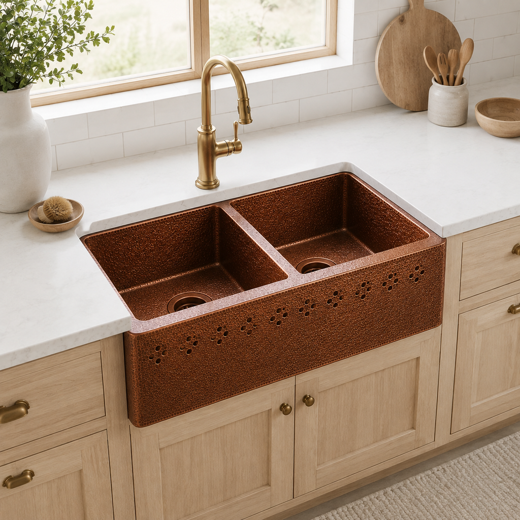Double Bowl Copper Sink with Floral Cutouts