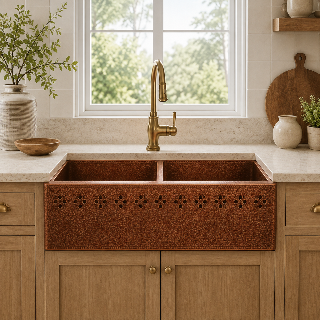 Double Bowl Copper Sink with Floral Cutouts