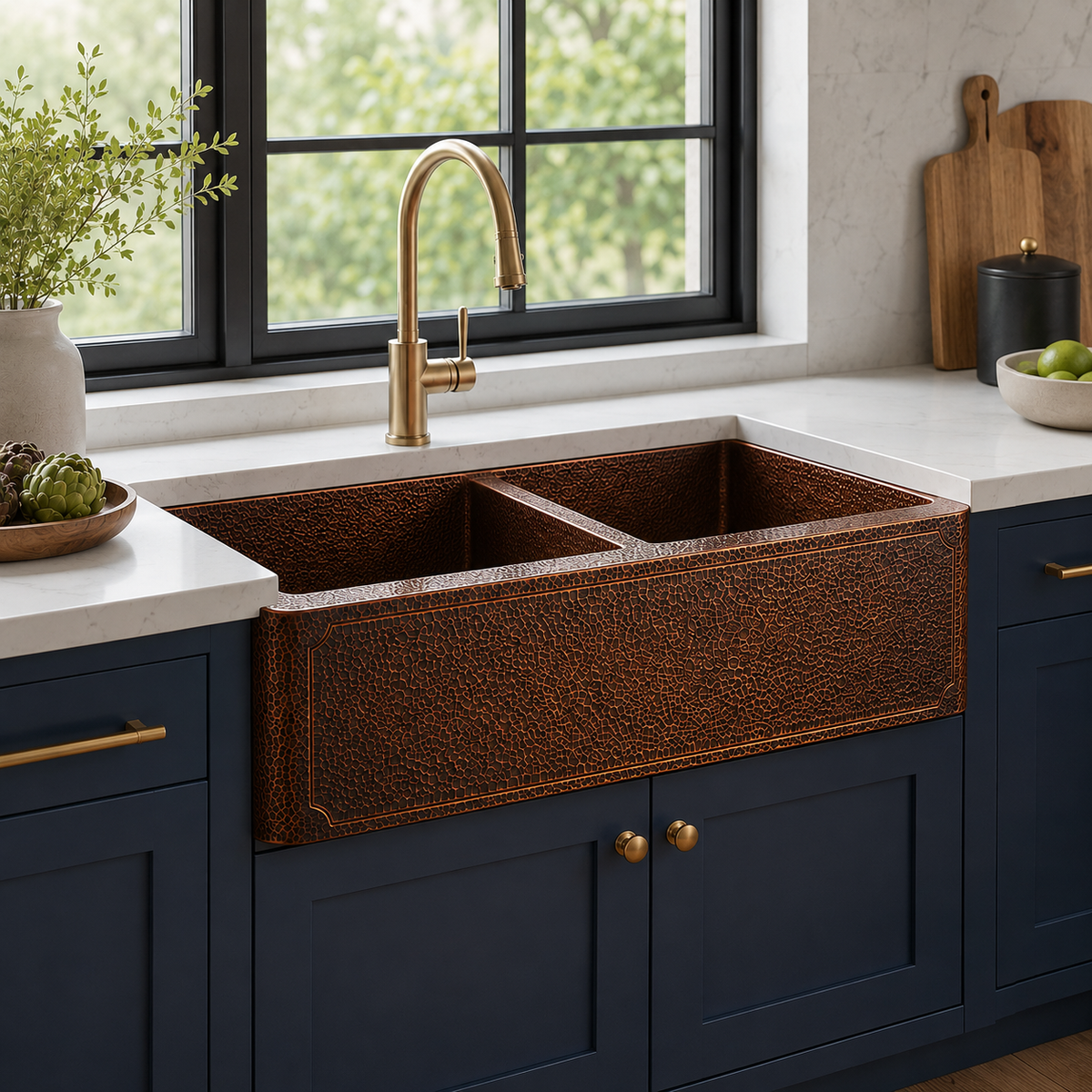 Dark Hammered Copper Double Bowl Farmhouse Sink