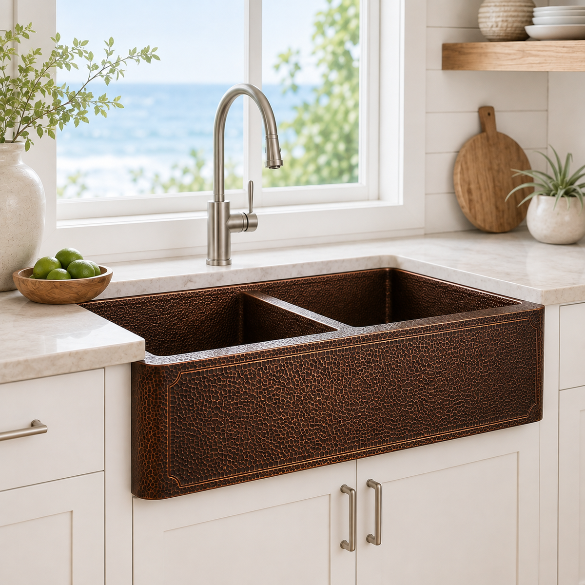 Dark Hammered Copper Double Bowl Farmhouse Sink