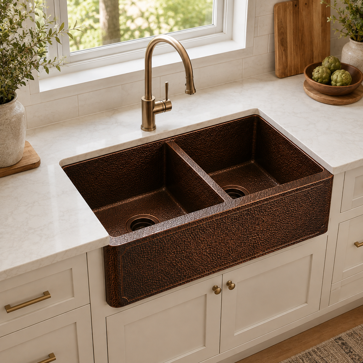Dark Hammered Copper Double Bowl Farmhouse Sink