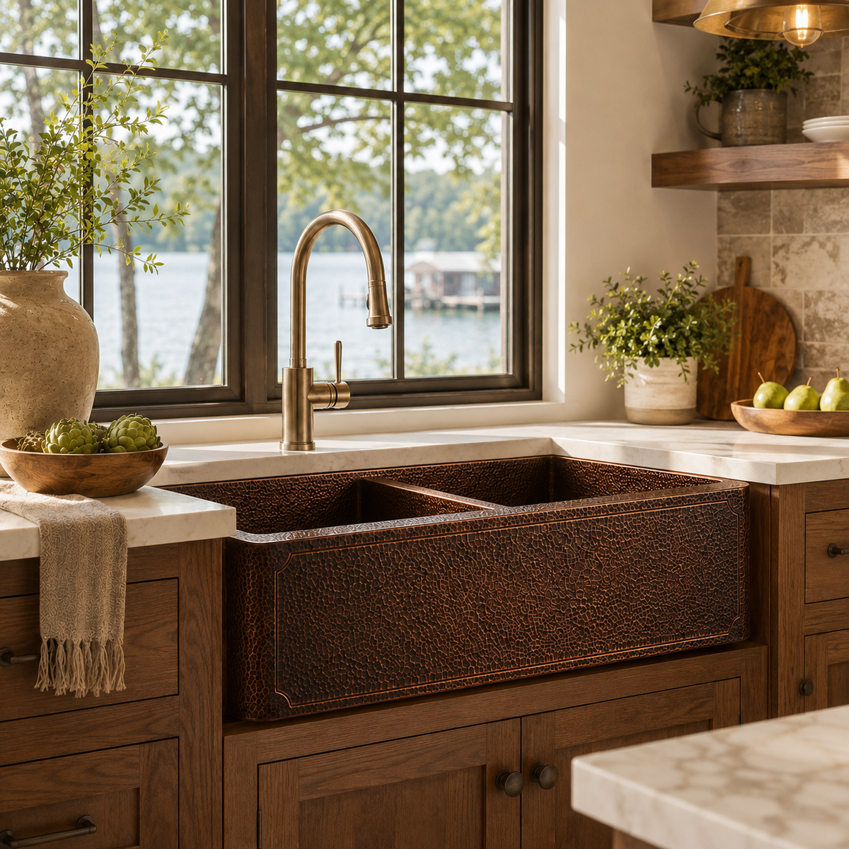 Dark Hammered Copper Double Bowl Farmhouse Sink