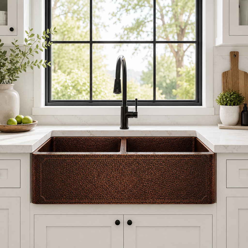 Dark Hammered Copper Double Bowl Farmhouse Sink