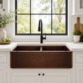 Dark Hammered Copper Double Bowl Farmhouse Sink