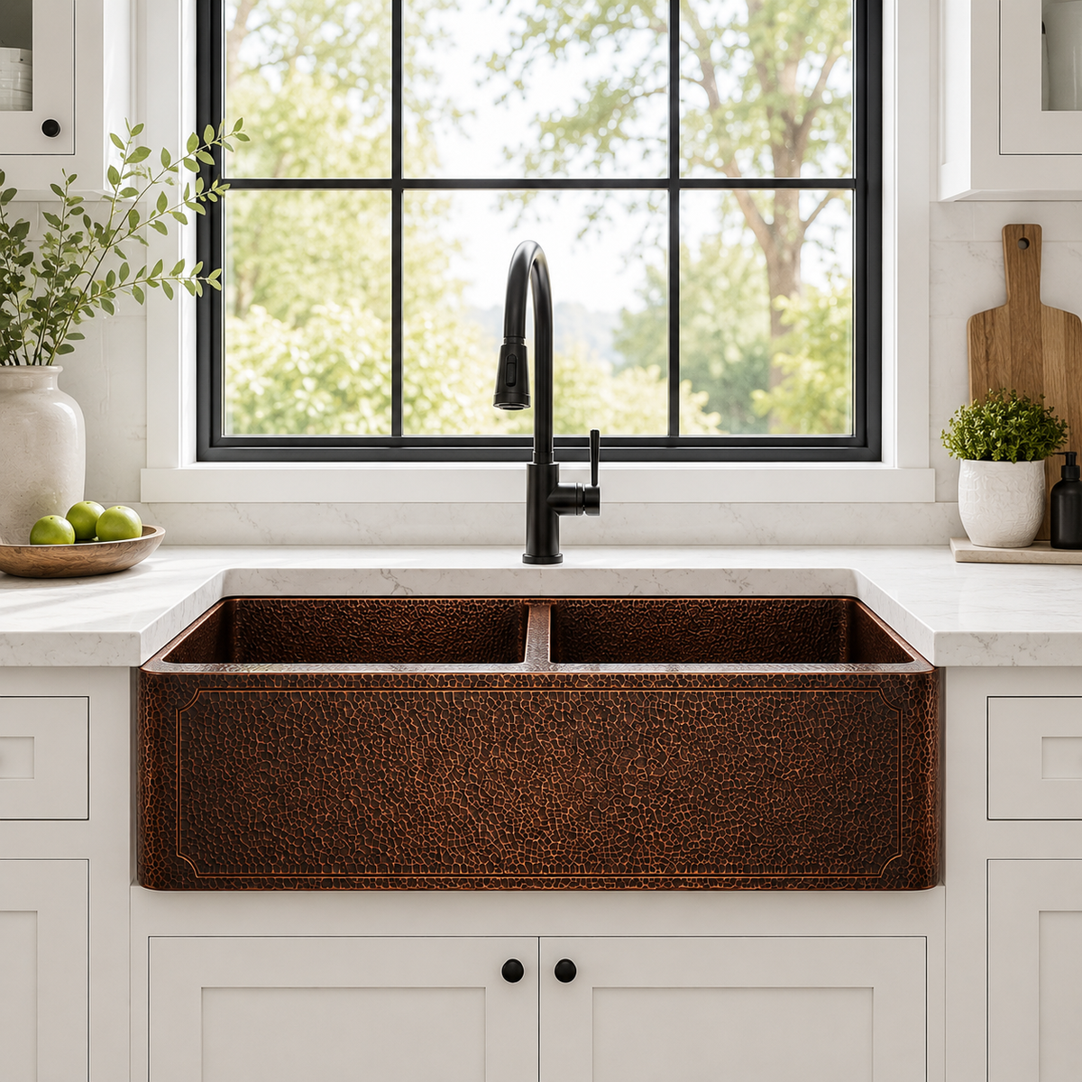 Dark Hammered Copper Double Bowl Farmhouse Sink