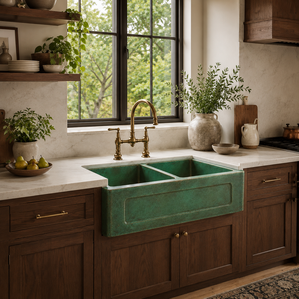 Green Verdigris Copper Double Bowl Farmhouse Sink