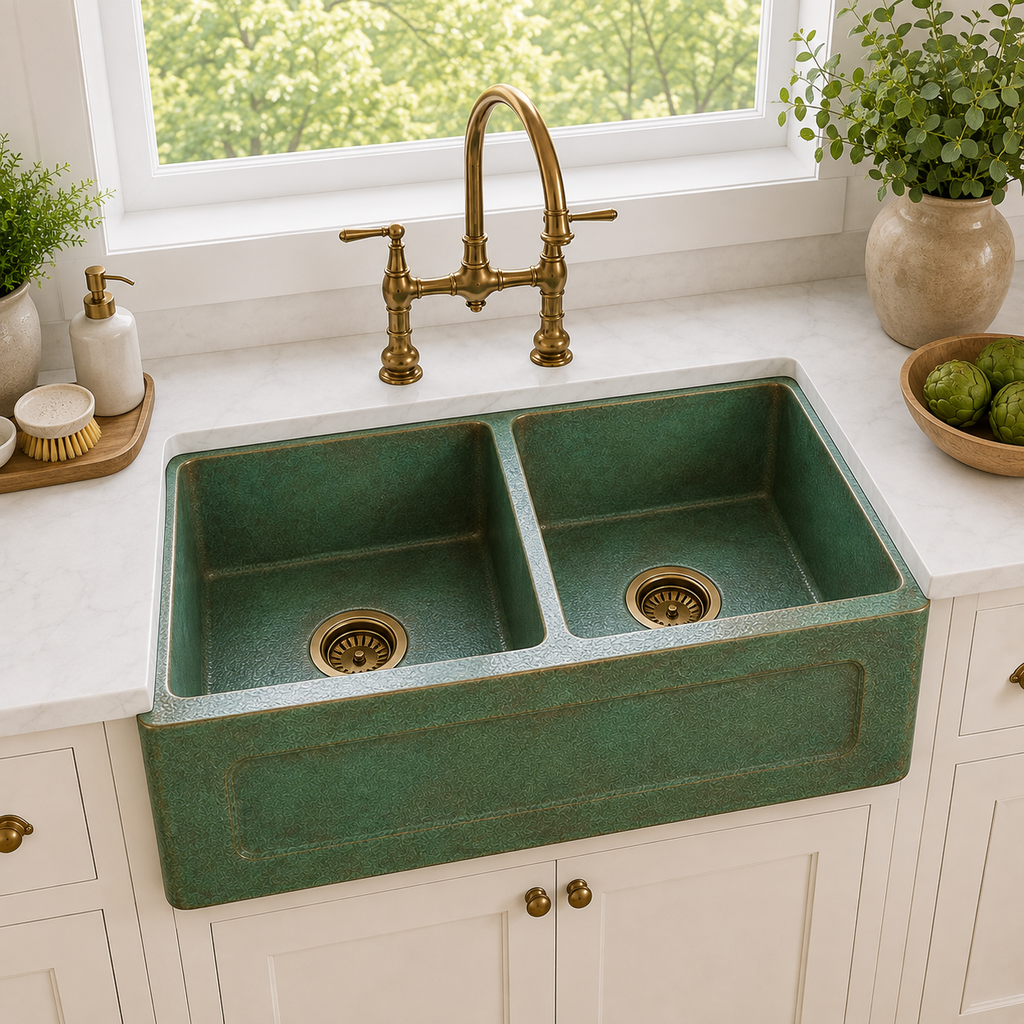 Green Verdigris Copper Double Bowl Farmhouse Sink