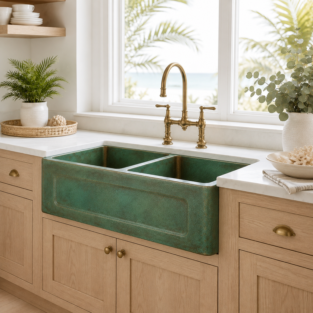 Green Verdigris Copper Double Bowl Farmhouse Sink