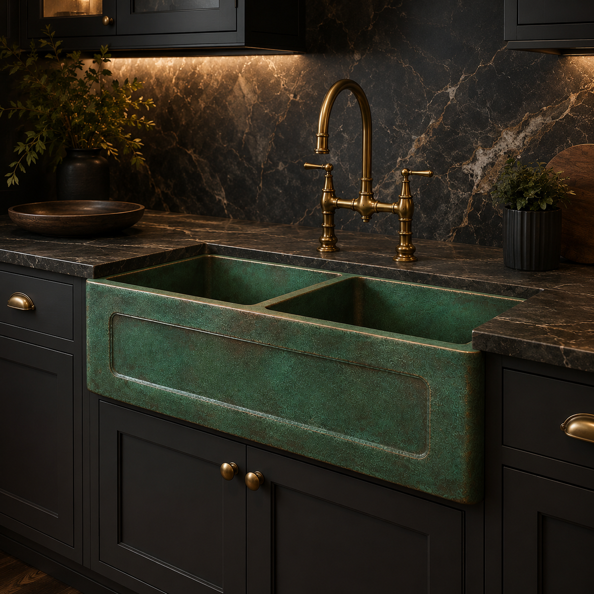 Green Verdigris Copper Double Bowl Farmhouse Sink